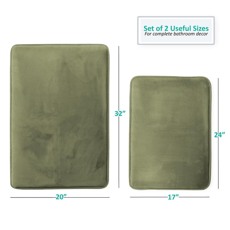 Clara Clark 2 Piece Bathroom Rugs Bath Mat Set, Velvet Memory Foam Bath Mats for Bathroom - Non-Slip, PVC Backing Bath Rugs, Washable - Dries Quickly, Green - Image 3